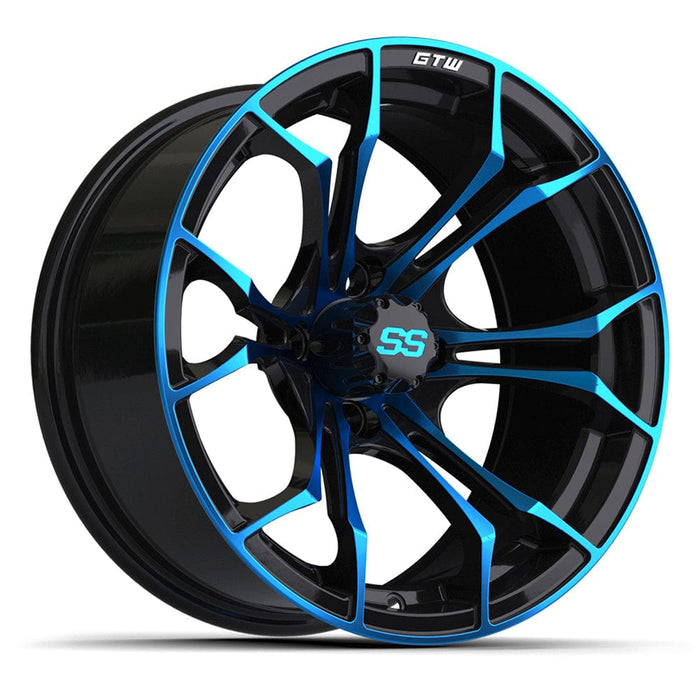 19-308 Spyder 15" golf cart wheel in black and blue finish.