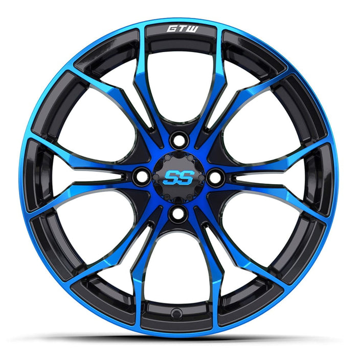 15" GTW Spyder golf cart replacement wheel in black and blue finish.