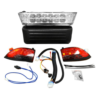 Set of car lights including a clear front light, two red side lights, and wiring harnesses on a white background.