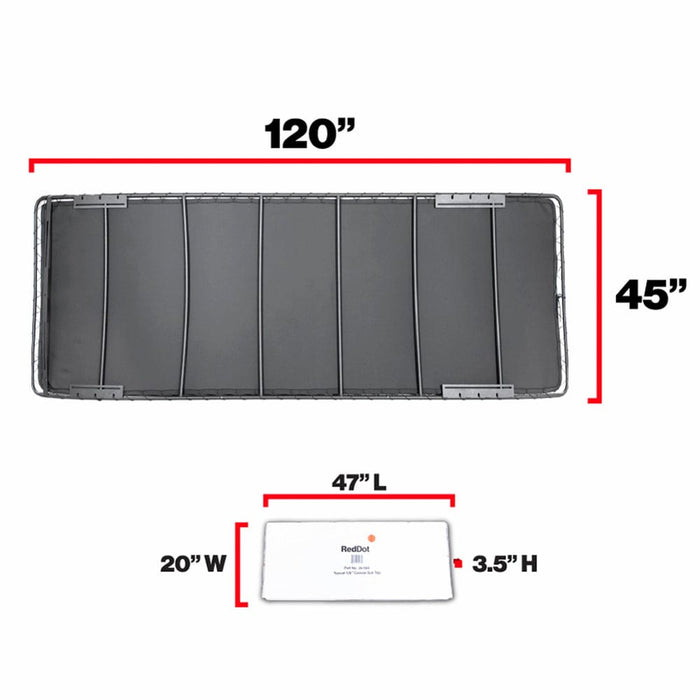 Measurement chart of a car trunk mat with dimensions labeled.