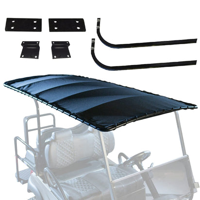 Golf cart canopy kit with blue canopy, brackets, and crossbars on a white background