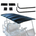 Golf cart canopy kit with blue canopy, brackets, and crossbars on a white background