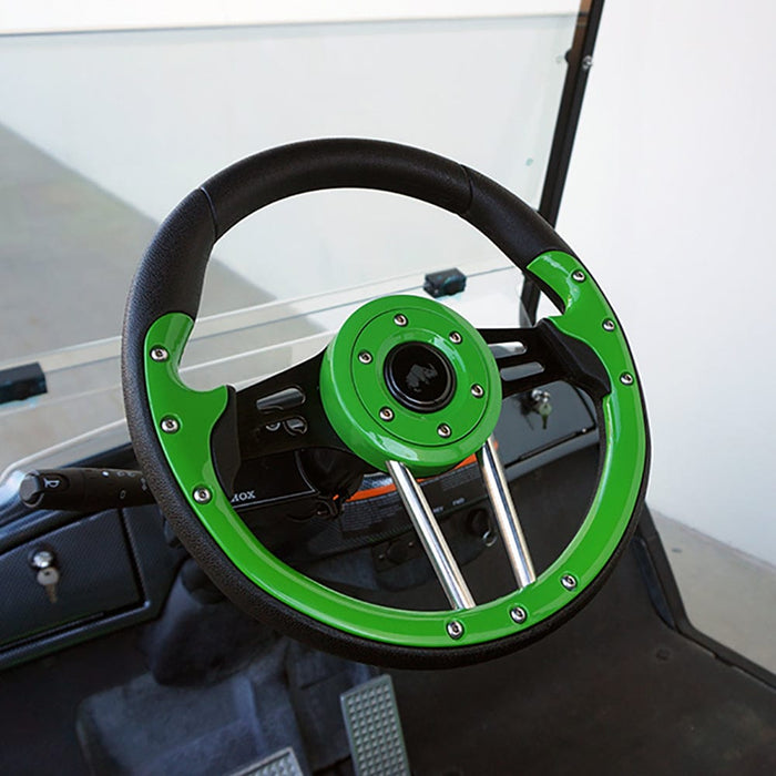 13" Aviator 4 Lime Green Steering Wheel Installed on Golf Cart