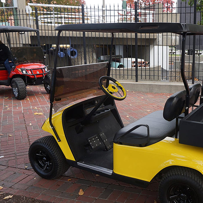 Aviator 4 Yellow/Brushed Aluminum Steering Wheel Installed On Golf Cart