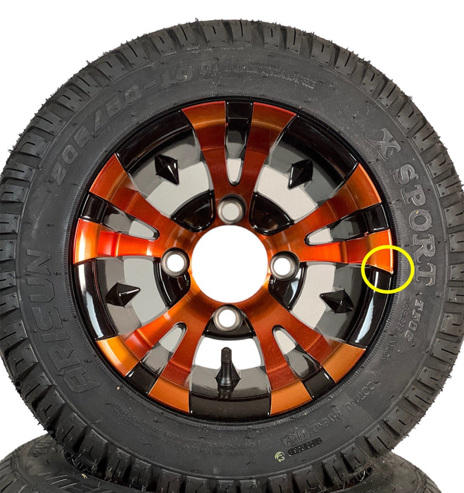 CLEARANCE - 10" VAMPIRE Colorway Orange/Black Golf Cart Wheels and 205/50-10 X-Sport DOT Street & Turf Tires Combo - Set of 4