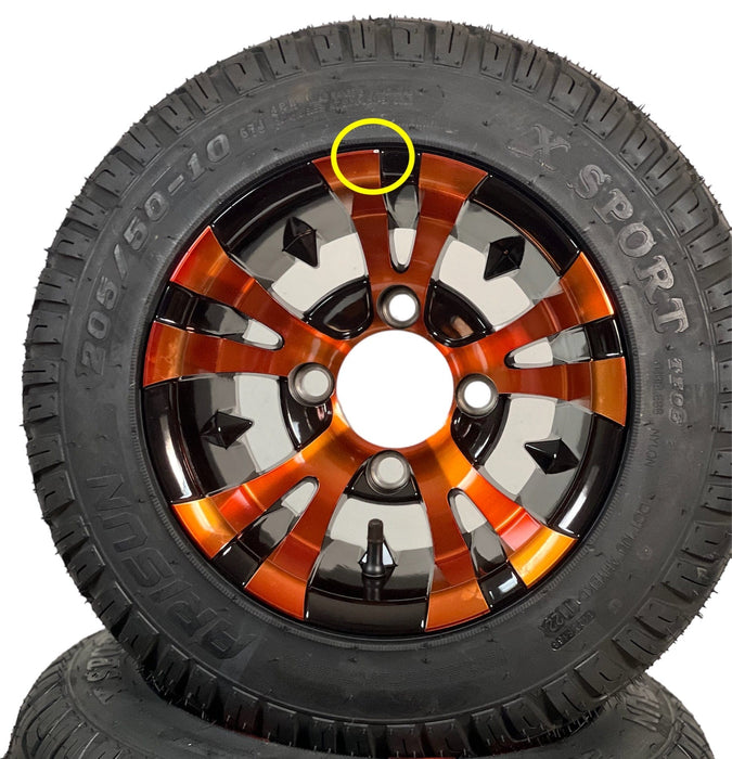 CLEARANCE - 10" VAMPIRE Colorway Orange/Black Golf Cart Wheels and 205/50-10 X-Sport DOT Street & Turf Tires Combo - Set of 4