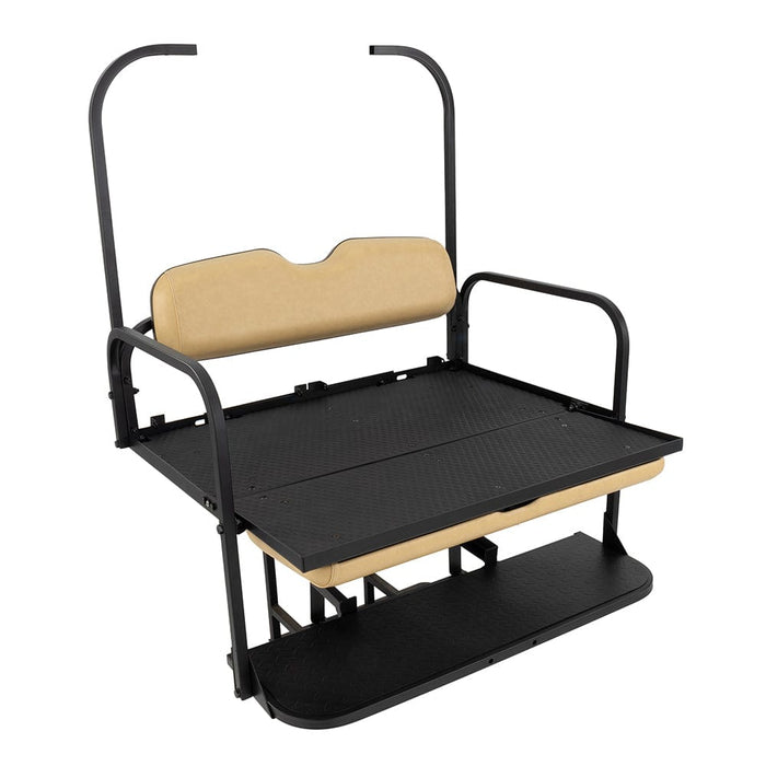 Rear golf cart flip seat with fold down cargo bed for EZ-GO TXT models with tan, black, and white cushions.
