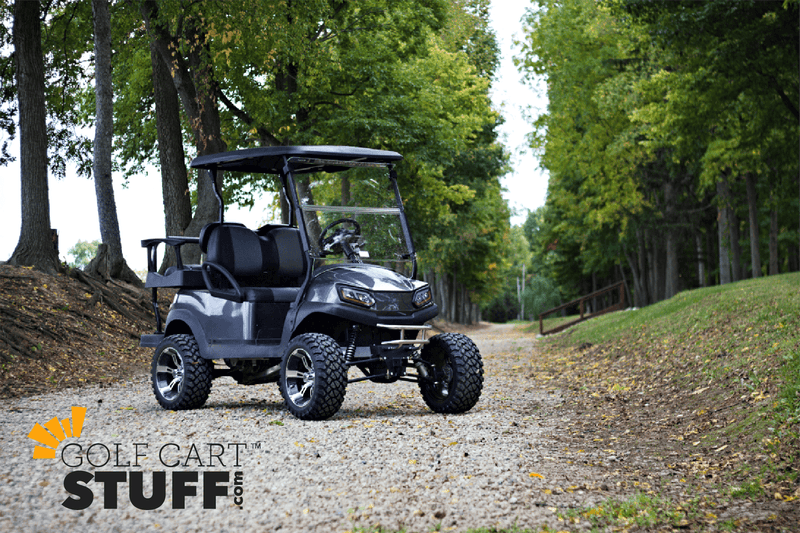 Golf Cart on A path with the Golf Cart Stuff Logo