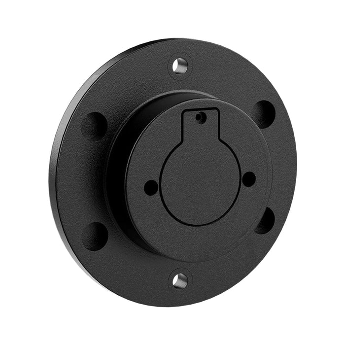Black circular metal component on a white background