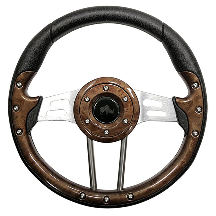 RHOX-Steering-Wheel-Aviator-4-Woodgrain-Grip-Brushed-Aluminum-Spokes-13-Diameter-ACC-SW121