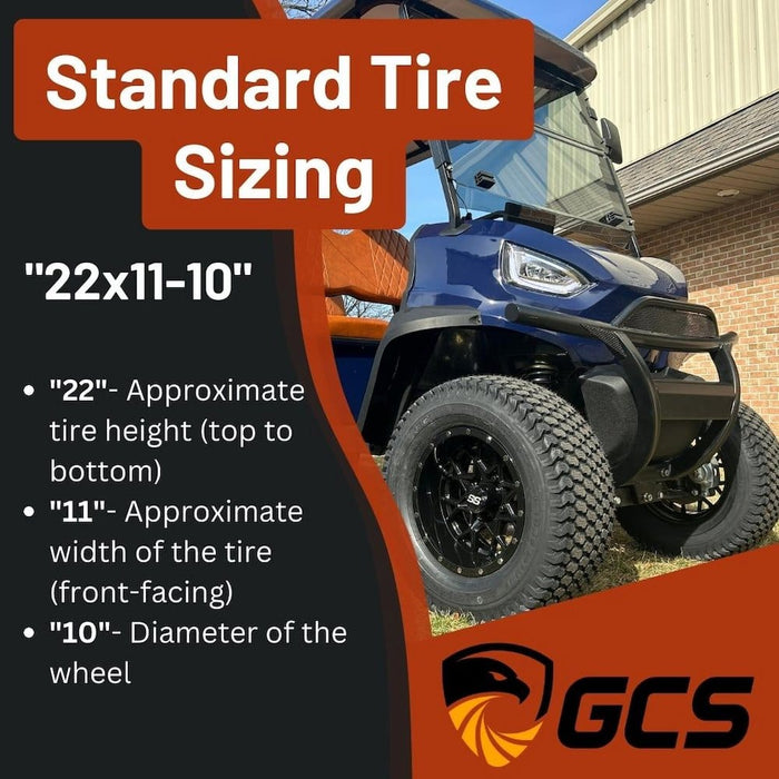 22x11-10 standard golf cart tire sizing help guide.