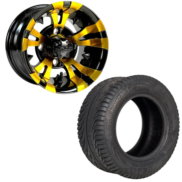 GCS™ 10" Vampire Golf Cart Wheels Colorway (Yellow) and 205/50-10 GCS™ Forerunner golf cart tires