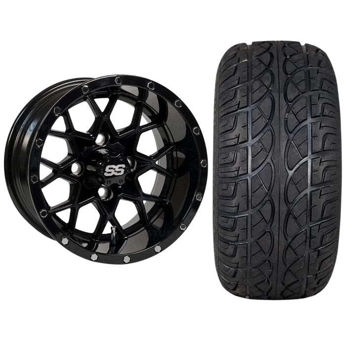 10" Matrix Gloss Black Aluminum Golf Cart Wheels and 205/50-10 Arisun X-sport tires