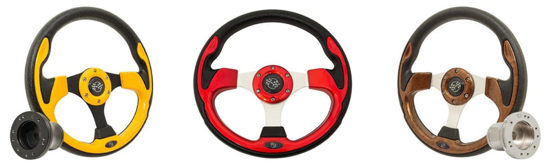 Golf Cart Steering Wheel Example- Yellow, Red, Wood Grain