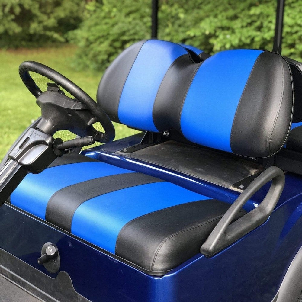 Custom golf cart seat cover installed on a Club Car golf cart