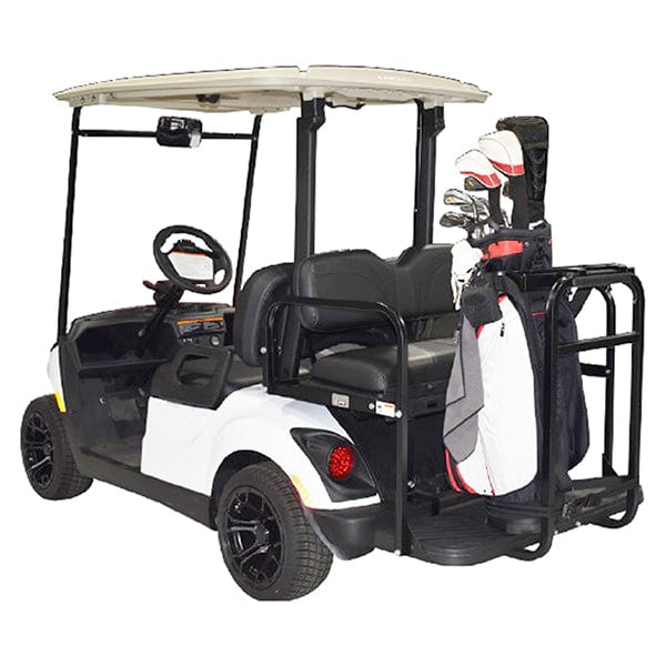 Heavy duty bag holder attachment installed on golf cart rear grab bar.