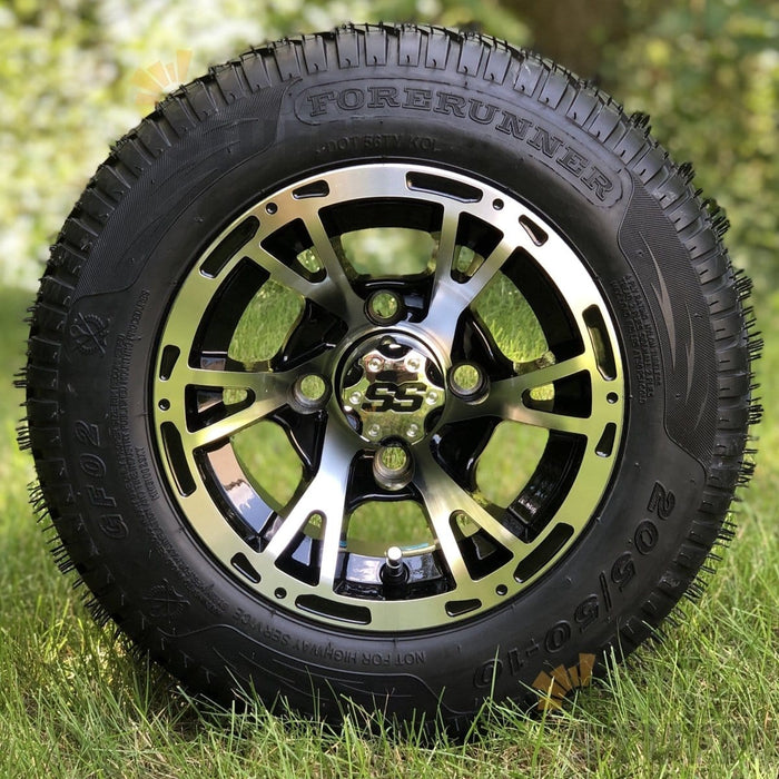 10" Ranger Black/Machined Aluminum Golf Cart Wheels and 205/50-10 DOT Street/Turf Golf Cart Tires Combo - Set of 4 (Choose your tire!) - GOLFCARTSTUFF.COM™