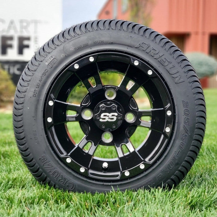 10" Stallion Gloss Black Aluminum Golf Cart Wheels and 205/50-10 Low-Profile Street/Turf Golf Cart Tires Combo - Set of 4 - GOLFCARTSTUFF.COM™
