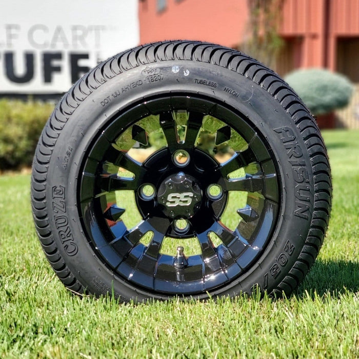 10" Vampire Gloss Black Aluminum Wheels and 205/50-10 Low-Profile Street/Turf Tires Combo - Set of 4 - GOLFCARTSTUFF.COM™