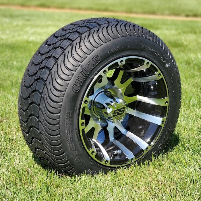 10" Venom Black/Machined Aluminum Golf Cart Wheels and 205/50-10 DOT Street/Turf Golf Cart Tires Combo - Set of 4 (Choose your tire!) - GOLFCARTSTUFF.COM™