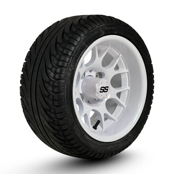 12" Alpha Gloss White Aluminum Golf Cart Wheels and 215/35-12 Low-Profile DOT Street & Turf Tires Combo - Set of 4 (Choose your tire!) - GOLFCARTSTUFF.COM™