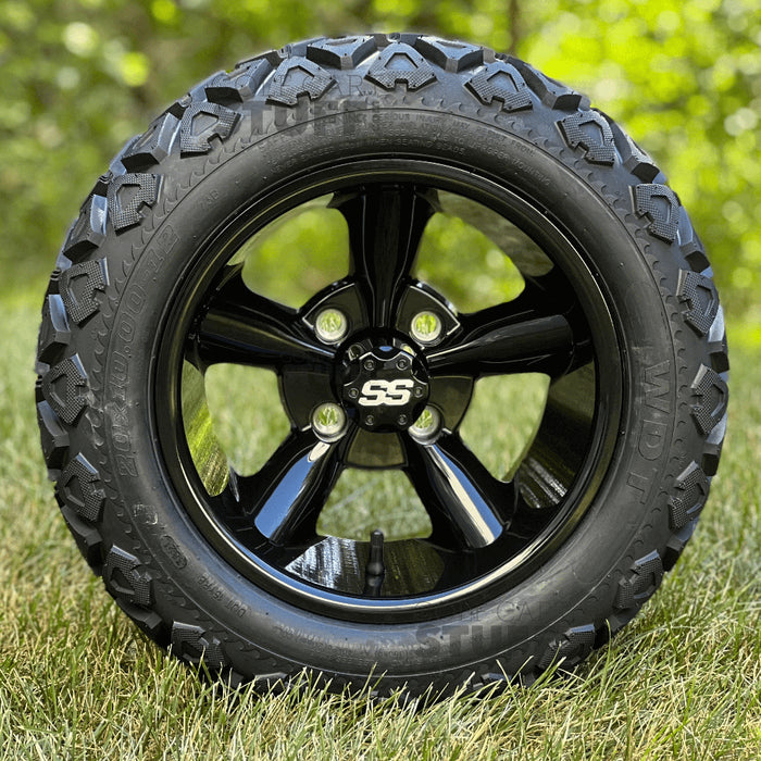 12" Godfather Gloss Black Golf Cart Wheels and All Terrain Tires Combo - Set of 4 - GOLFCARTSTUFF.COM™