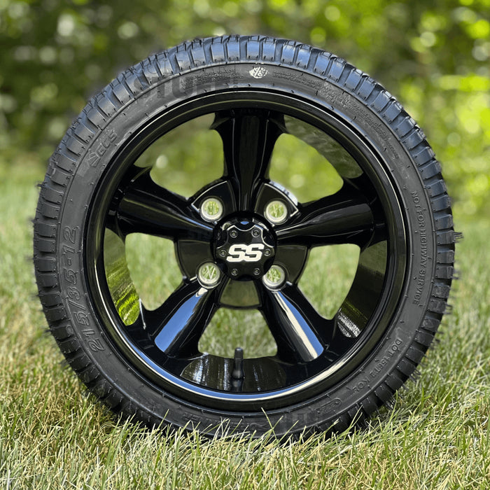 12" Godfather Gloss Black Golf Cart Wheels and DOT Approved Street Turf Tires Combo - Set of 4 - GOLFCARTSTUFF.COM™