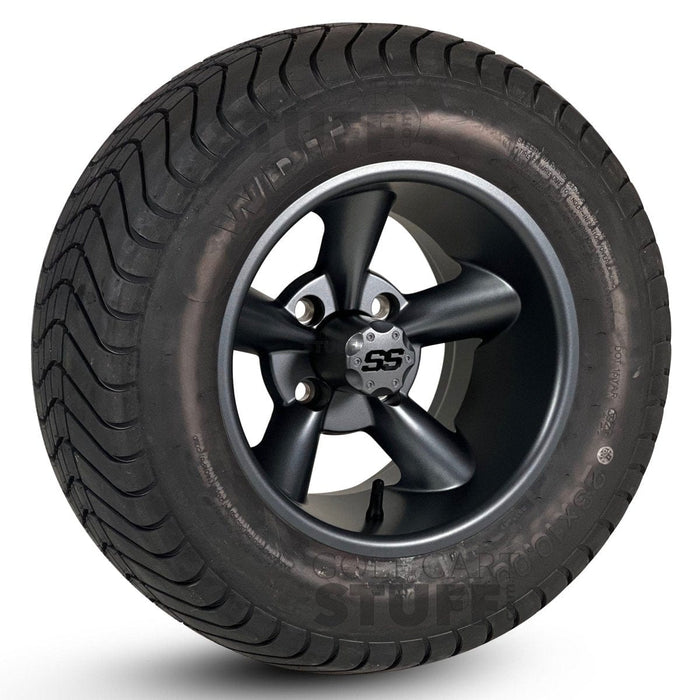 12" Godfather Matte Gunmetal Gray Golf Cart Wheels and DOT Approved Street Turf Tires Combo - Set of 4 - GOLFCARTSTUFF.COM™