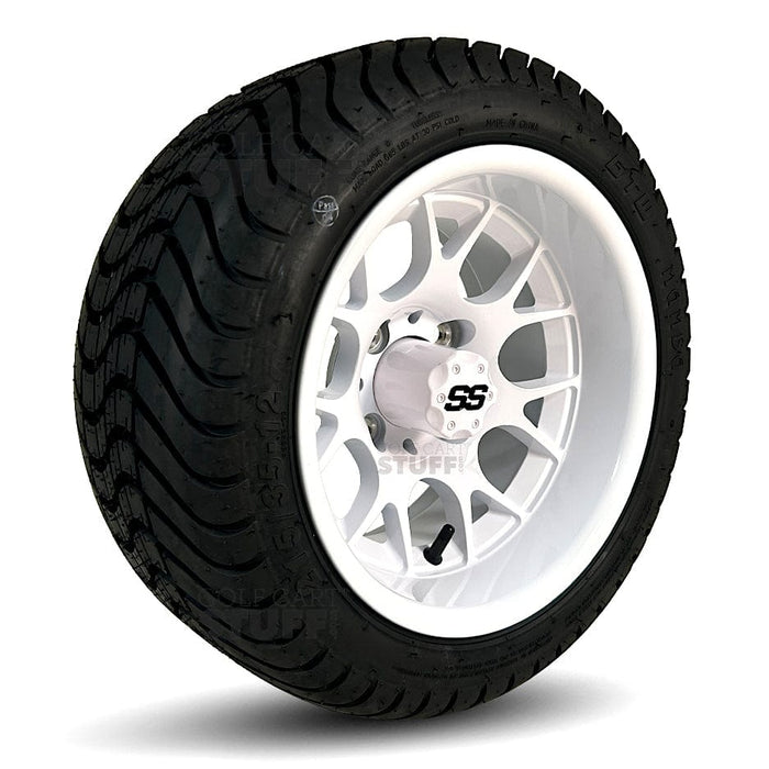 12" Alpha Gloss White Aluminum Golf Cart Wheels and 215/35-12 Low-Profile DOT Street & Turf Tires Combo - Set of 4 (Choose your tire!)