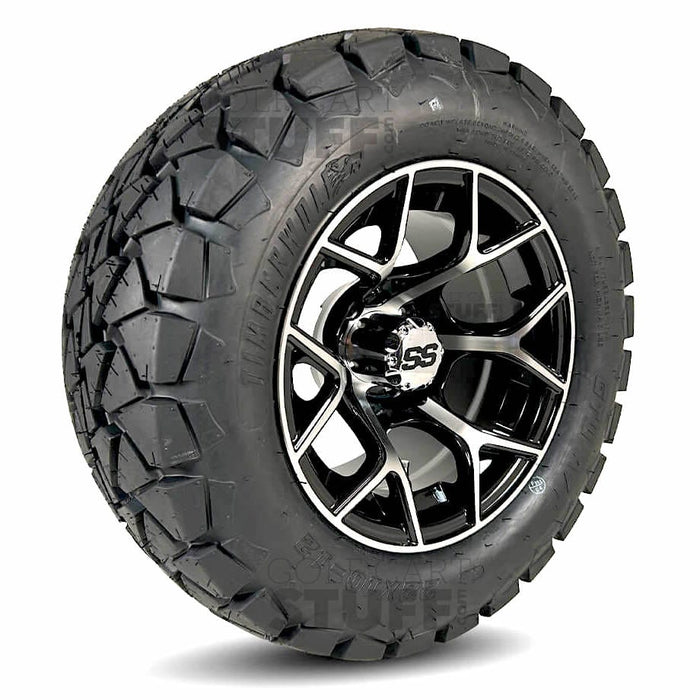 12" Spyder Black/Machined Golf Cart Wheels and All Terrain Tires Combo - Set of 4