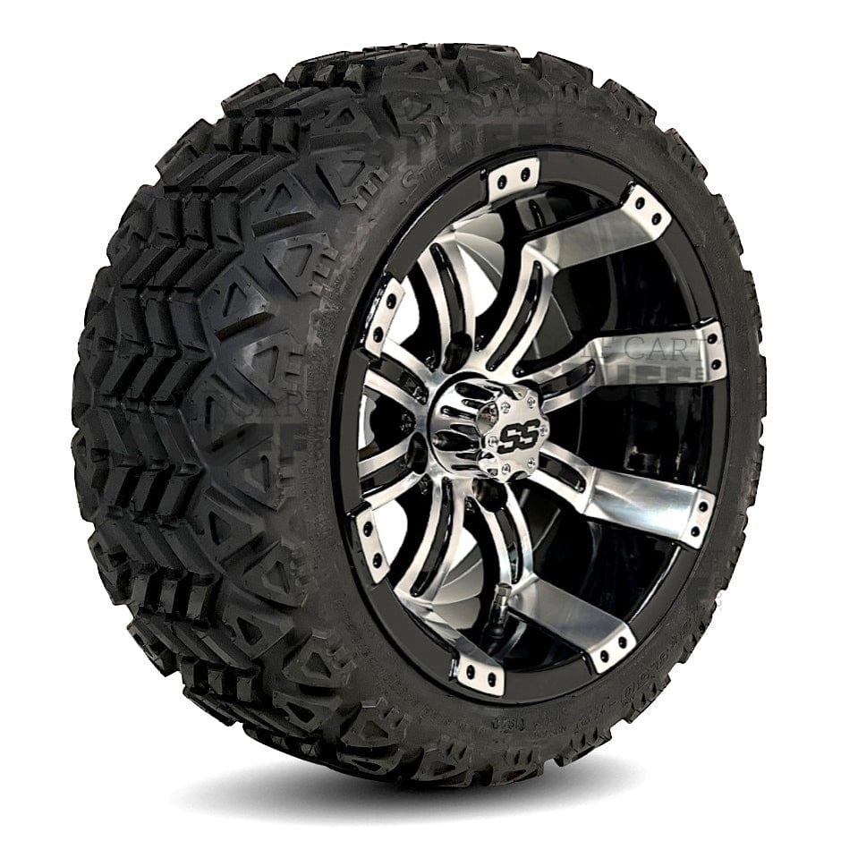 12" Tempest Black/Machined Aluminum Golf Cart Wheels and 18" All Terra