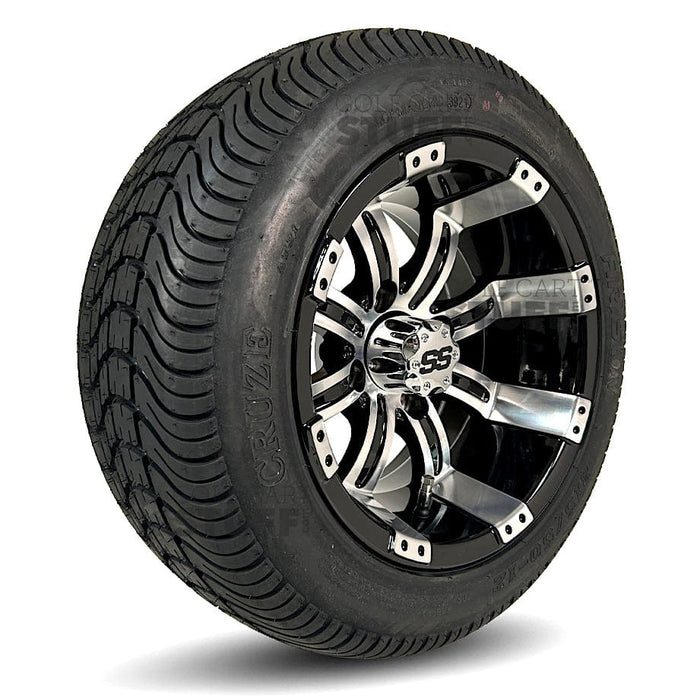 12" Tempest Machined Black Aluminum Golf Cart Wheels and 215/50-12 Comfortride DOT Street & Turf Tires Combo - Set of 4