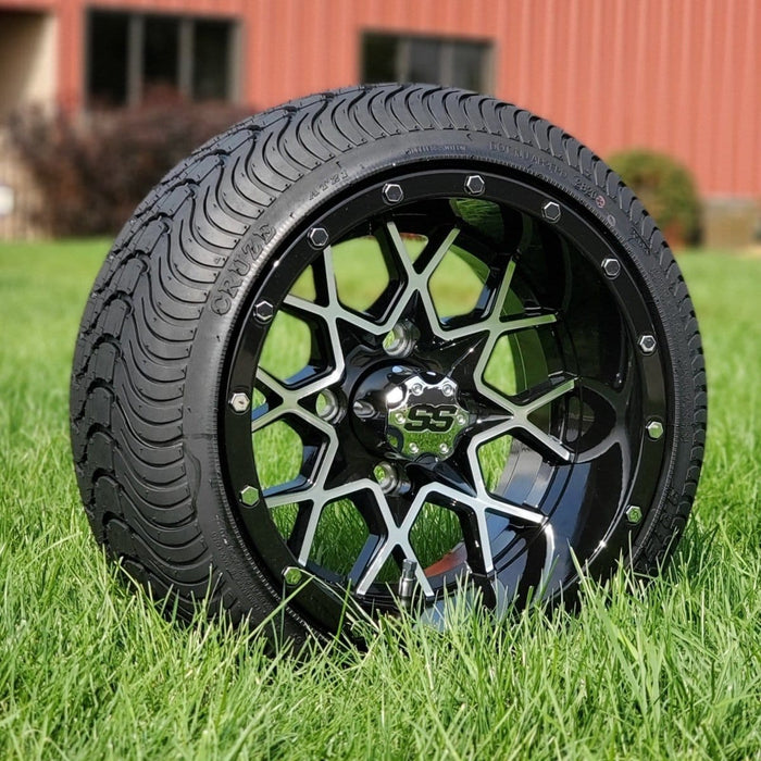 12" Matrix Aluminum SS Wheels in Black and Machined Aluminum Finish and 215/35-12 Low-Profile Arisun Cruze Turf Tires Combo - Set of 4 - GOLFCARTSTUFF.COM™