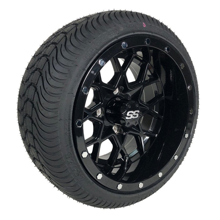 12" Matrix Gloss Black Golf Cart Wheels and DOT Approved Street Turf Tires Combo - Set of 4 - GOLFCARTSTUFF.COM™