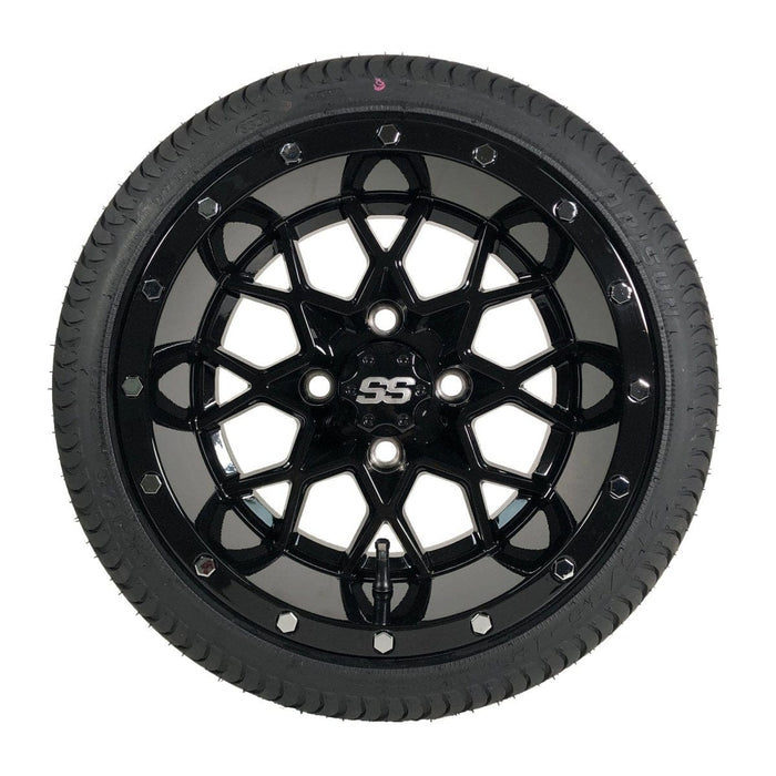 12" Matrix Gloss Black Golf Cart Wheels and DOT Approved Street Turf Tires Combo - Set of 4 - GOLFCARTSTUFF.COM™