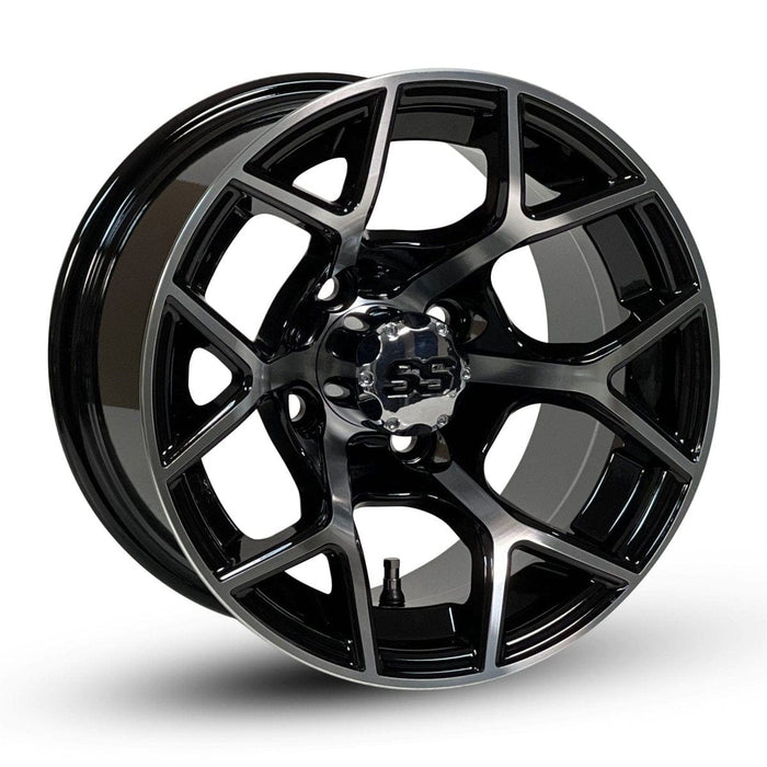 12" Rally Black/Machined Golf Cart Wheels and DOT Approved Street Turf Tires Combo - Set of 4 - GOLFCARTSTUFF.COM™