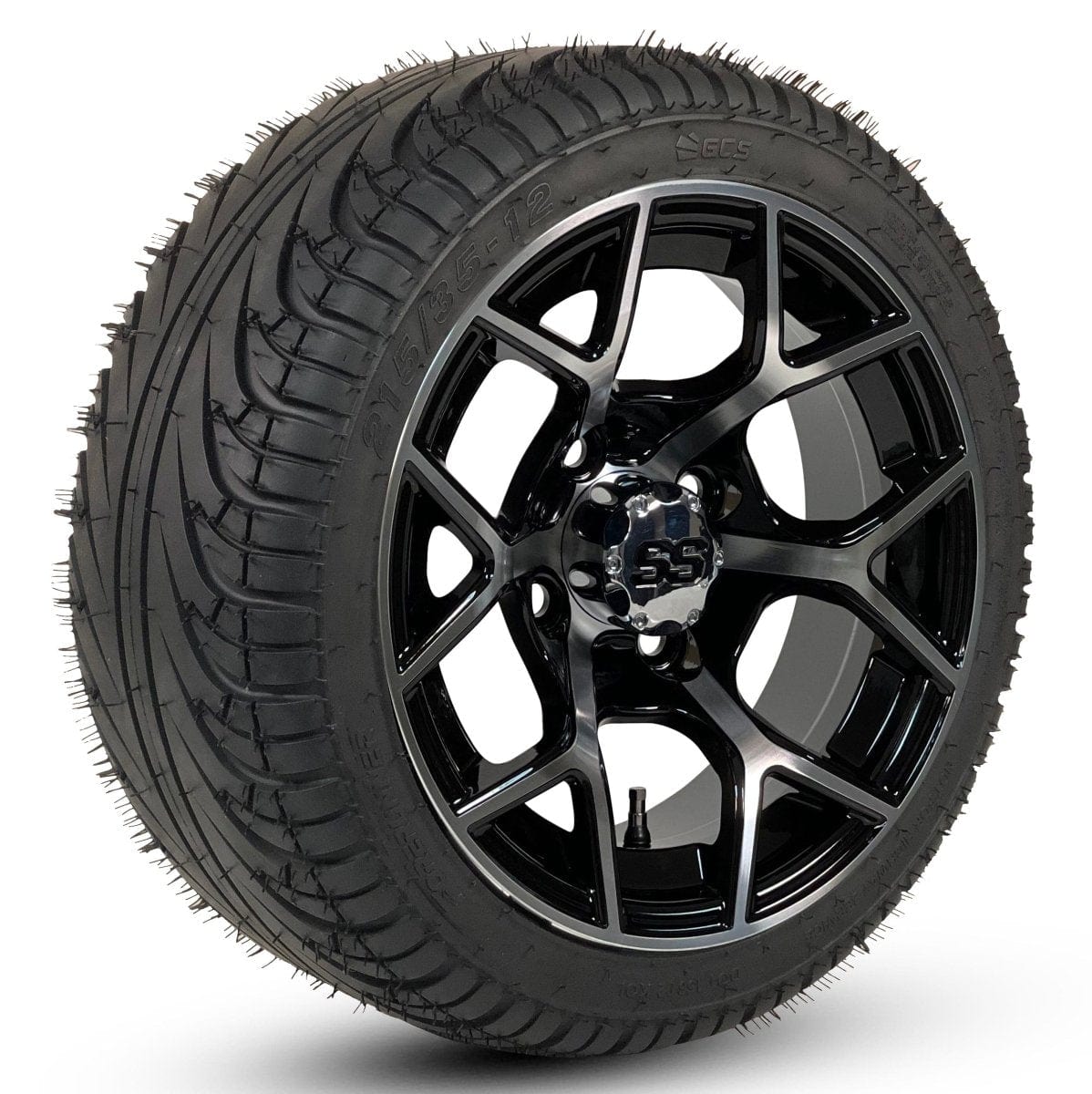 12" Rally Black/Machined Golf Cart Wheels and DOT Approved Street Turf Tires Combo - Set of 4 - GOLFCARTSTUFF.COM™