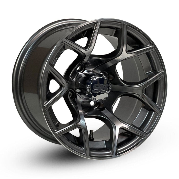 12" Rally Gunmetal Golf Cart Wheels and DOT Approved Street Turf Tires Combo - Set of 4 - GOLFCARTSTUFF.COM™