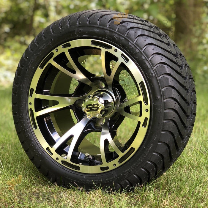 12" Ranger Black/Machined Aluminum Golf Cart Wheels and 215/35-12 Low-Profile DOT Street & Turf Tires Combo - Set of 4 (Choose your tire!) - GOLFCARTSTUFF.COM™