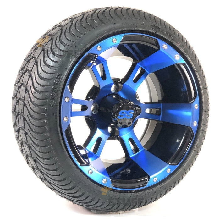 12" Stallion Black & Electric Blue Aluminum Golf Cart Wheels and Street/Turf DOT Approved Golf Cart Tires Combo - Set of 4 (18" or 20" tall) - GOLFCARTSTUFF.COM™