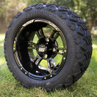 12" Stallion Gloss Black Aluminum Golf Cart Wheels and 20x10-12 All Terrain Golf Cart Tires - Set of 4 (Select your tire!) - GOLFCARTSTUFF.COM™