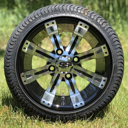12" Tempest Black/Machined Aluminum Golf Cart Wheels and 215/35-12 Low-Profile DOT Street & Turf Tires Combo - Set of 4 (Choose your tire!) - GOLFCARTSTUFF.COM™
