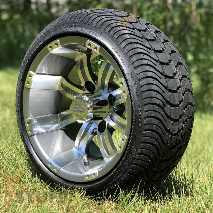 12" Tempest Gunmetal/Machined Aluminum Golf Cart Wheels and 215/35-12 Low-Profile DOT Street & Turf Tires Combo - Set of 4 (Choose your tire!) - GOLFCARTSTUFF.COM™