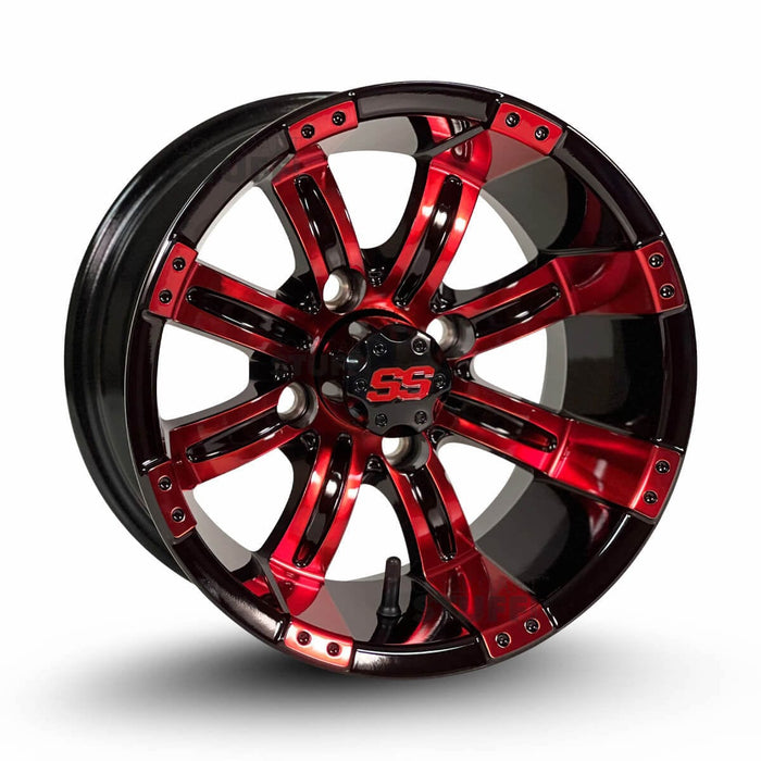 12" Tempest Ruby Red/Black GCS™ Colorway Aluminum Golf Cart Wheels - 12"x7" ET-25 Offset - GOLFCARTSTUFF.COM™