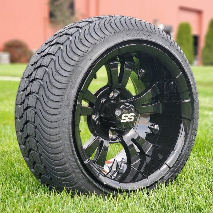 12" Vampire Aluminum SS Wheels in Gloss Black Finish and 215/35-12 Low-Profile Arisun Cruze Turf Tires Combo - Set of 4 - GOLFCARTSTUFF.COM™