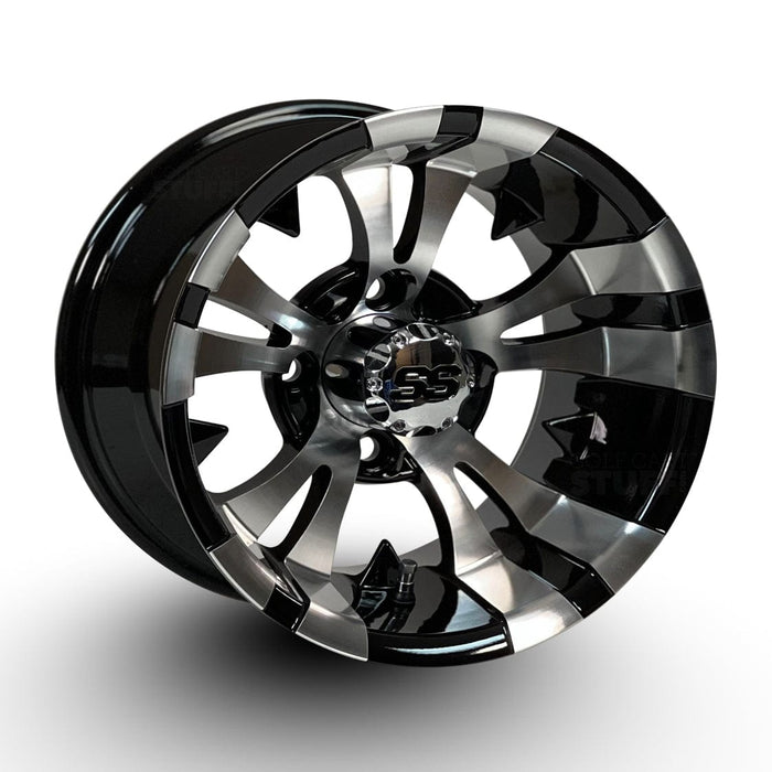 12" Vampire Black/Machined Aluminum Golf Cart Wheels and 215/40-12 Low-Profile DOT Street & Turf Tires Combo - Set of 4 (Choose your tire!) - GOLFCARTSTUFF.COM™