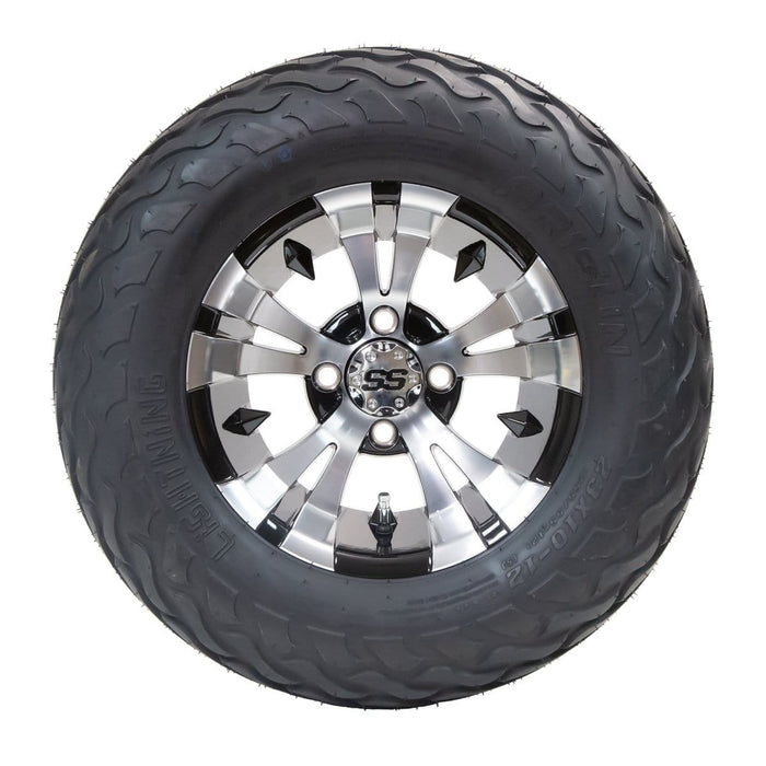 12" Vampire SS Wheels in Black and Machined Aluminum Finish and 23" Arisun Lightning Tires Combo- Set of 4 - GOLFCARTSTUFF.COM™