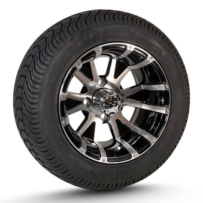 12" Venom Black & Machined Aluminum Golf Cart Wheels and 215/50-12 Comfortride DOT Street & Turf Tires Combo - Set of 4 - GOLFCARTSTUFF.COM™