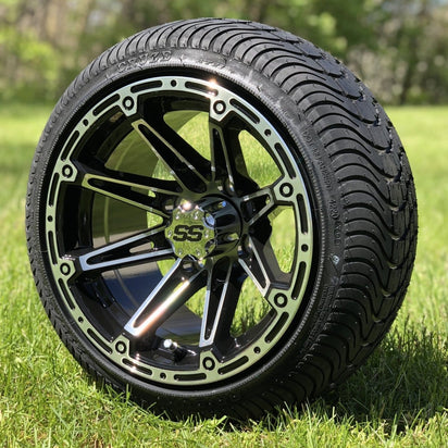 12" Volt Black/Machined Aluminum SS Golf Cart Wheels and 215/35-12 Low-Profile Arisun Cruze DOT Street & Turf Tires Combo - Set of 4 - GOLFCARTSTUFF.COM™