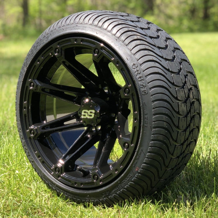 12" Volt Gloss Black Aluminum SS Golf Cart Wheels and 215/35-12 Low-Profile Arisun Cruze DOT Street & Turf Tires Combo - Set of 4 - GOLFCARTSTUFF.COM™